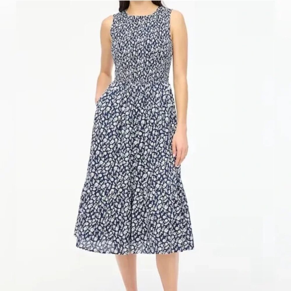 J Crew Printed Smocked Sleeveless 100% Cotton Midi Dress Navy White Medium NWT